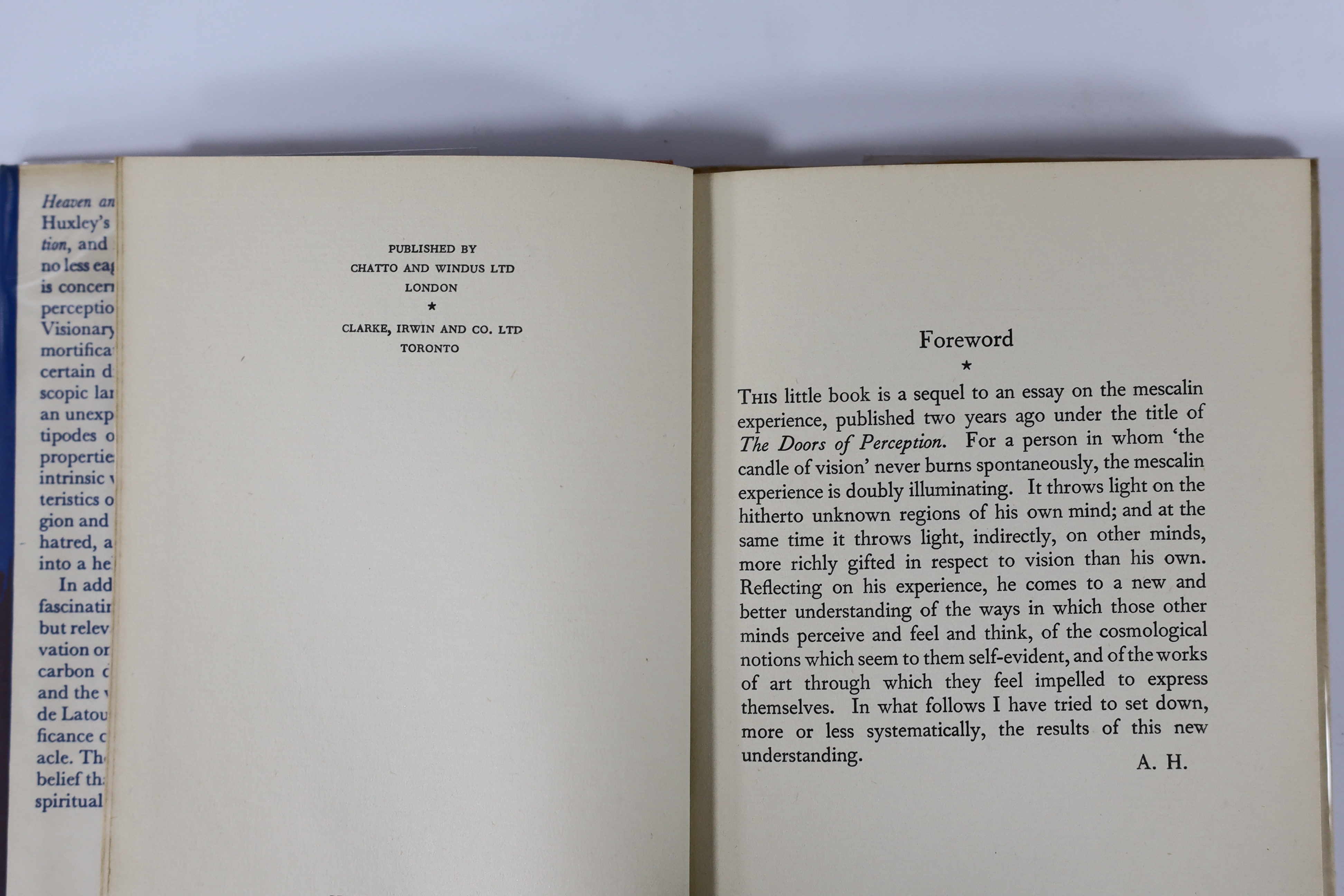 Huxley, Aldous - The Doors of Perception, 1st edition. publisher's cloth and d/wrapper. Chatto & Windus. 1954; Huxley, Aldous - Heaven & Hell. 1st edition. publisher's cloth and d/wrapper, Chatto & Windus, 1956 (2)